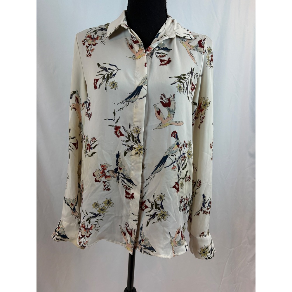 HM Cream Floral Bird Print Long Sleeve Button Down Blouse Size 2 O/N 329053